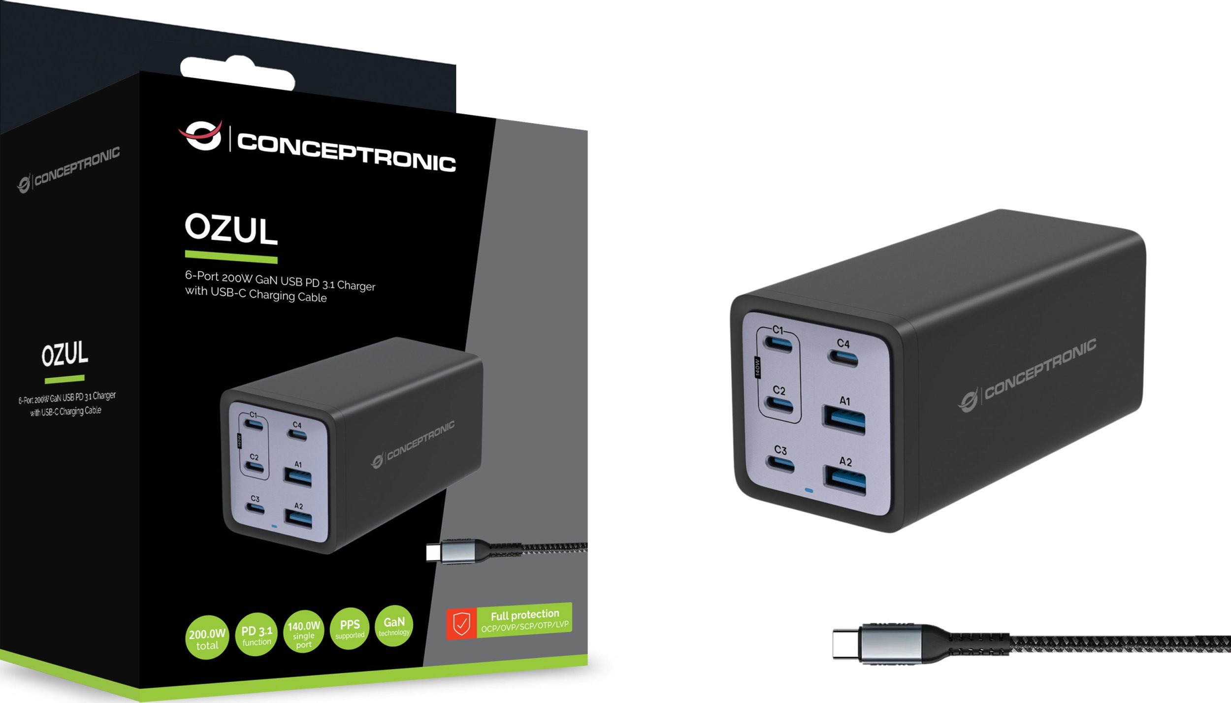 Karikues shumëportësh Conceptronic Ozul06be, 6 porta, 200W GaN, i zi