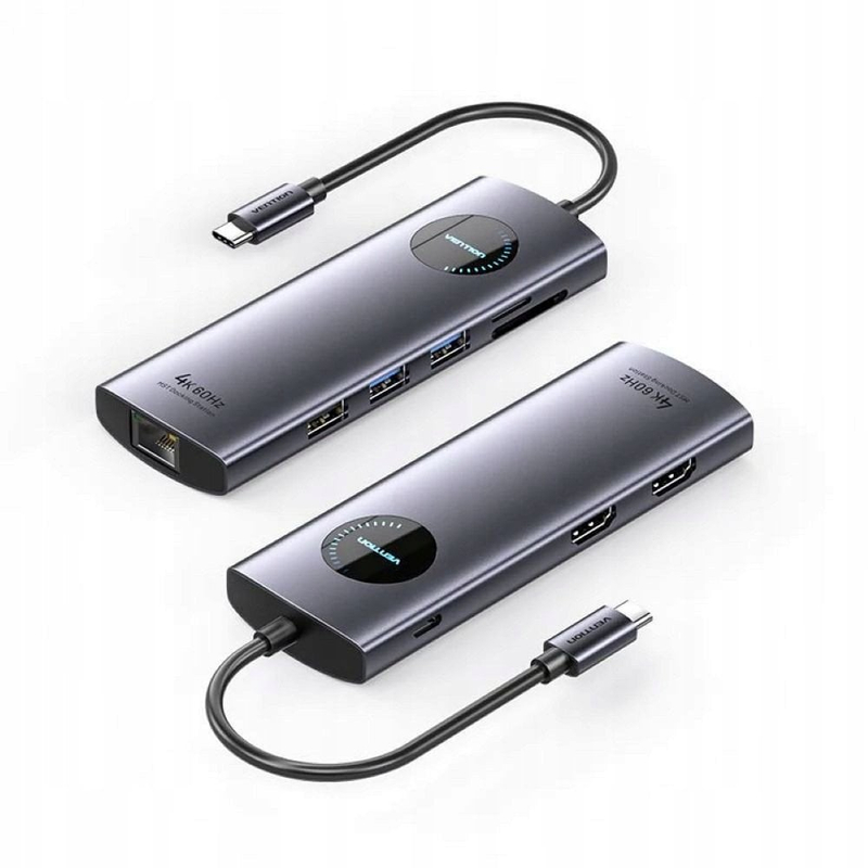 Docking station Vention 9 në 1, USB C, 2x HDMI, PD 100W, gri