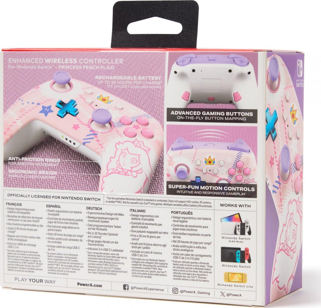 Kontroller PowerA  Enhanced Princess Peach Plaid, wireless, shumëngjyrësh
