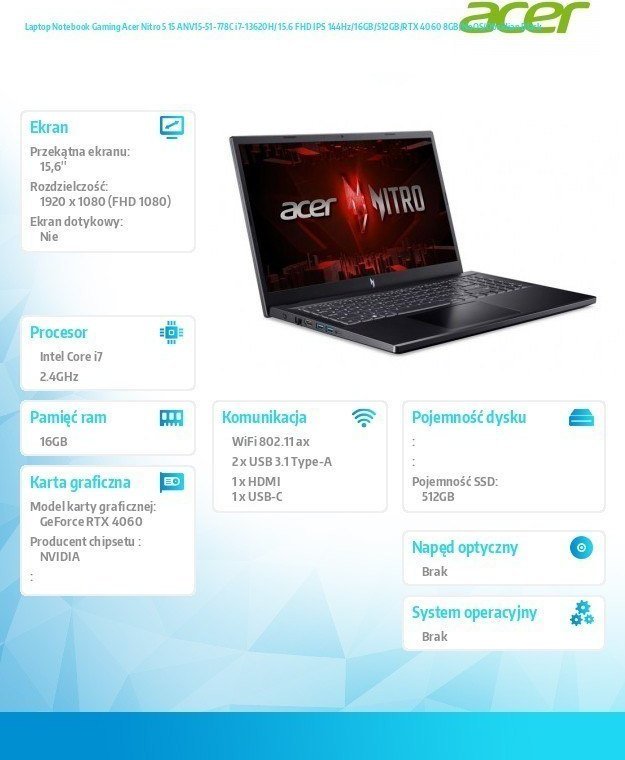 Laptop Acer Nitro 5 15 ANV15-51-778C, 15.6", Intel Core i7-13620H, 16GB RAM, 512GB SSD, Nvidia RTX 4060 8GB