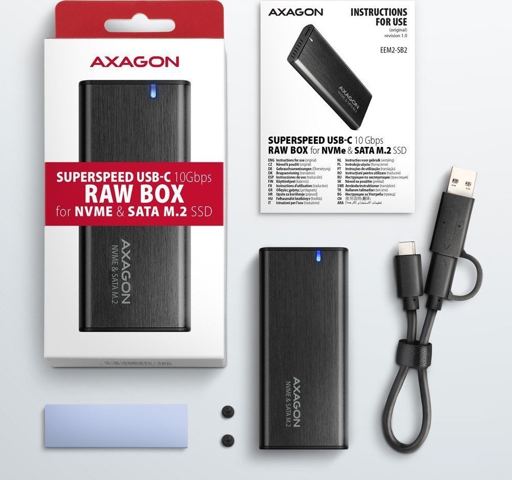 Kuti e jashtme SSD Axagon EEM2-SB2, USB C 3.2 Gen 2, M.2 NVMe SATA, alumini