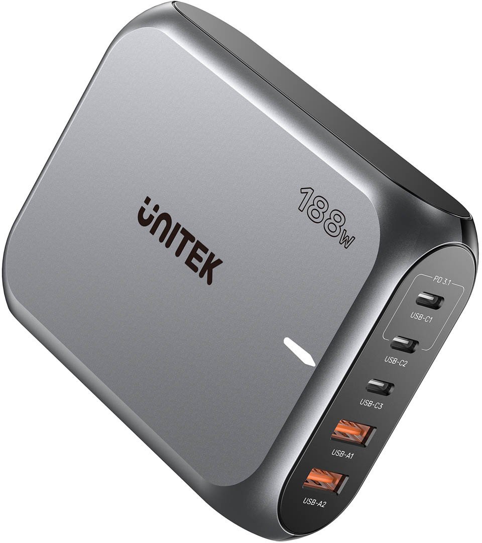 Karikues muri Unitek GaN PD 3.1, 188W, 3x USB C 2x USB A, gri