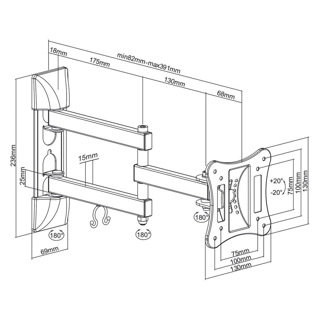 Mbajtëse muri për TV Maclean MC-719, 13"-27", 15 kg, e zezë