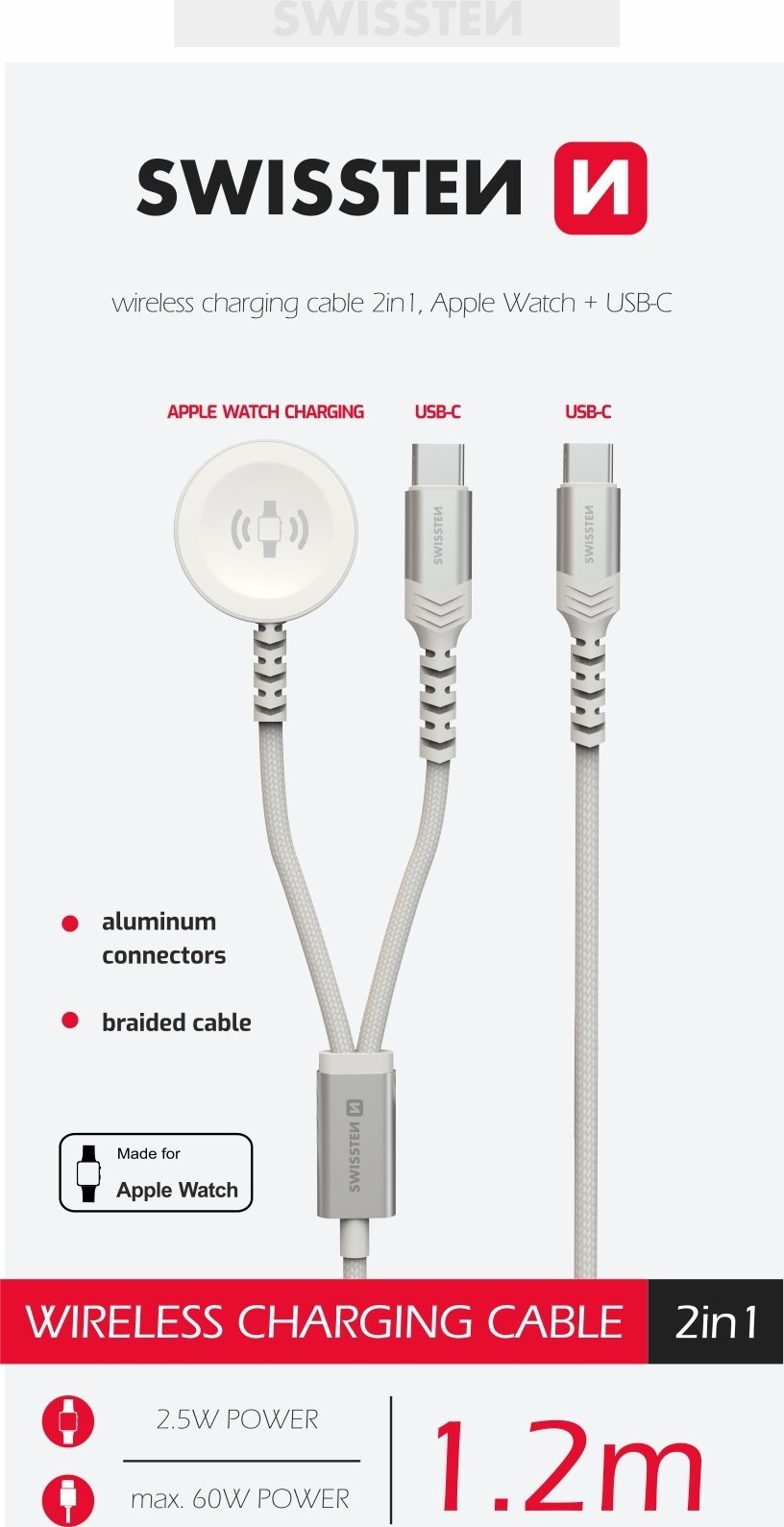 Kabllo magnetike Swissten 2in1 për Apple Watch dhe USB C, 1.2 m, e bardhë