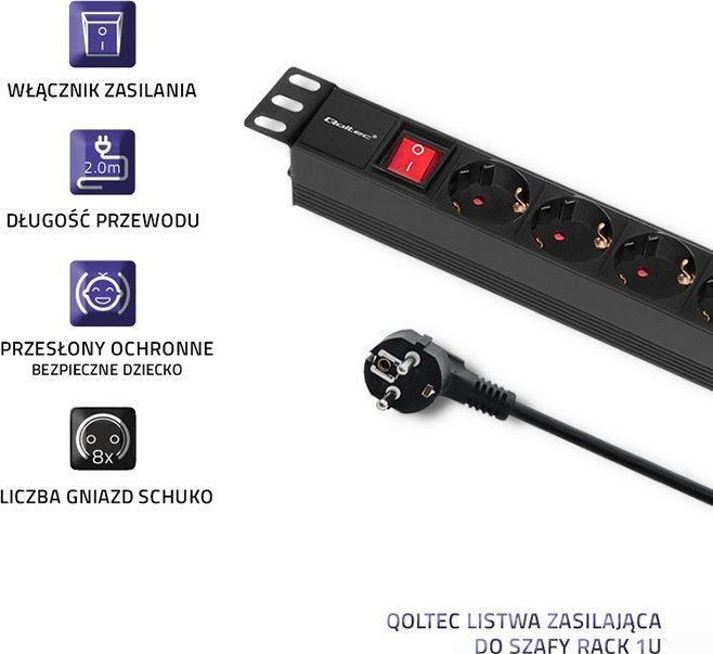 Prizë zgjatues RACK Qoltec PDU 1U, 8x SCHUKO, 16A, 2m, e zezë