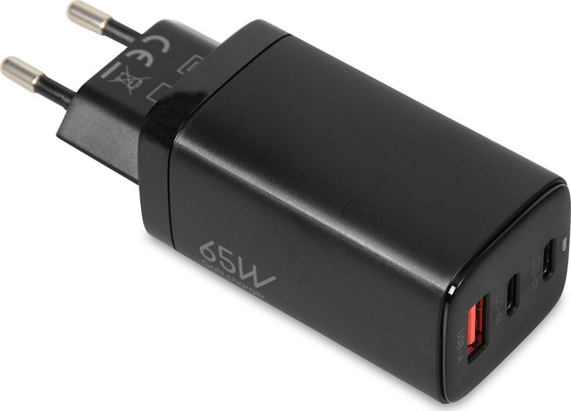 Ѕиден полнач iBOX C-65 GaN, 65W PD, 2x USB-C 1x USB-A, црн