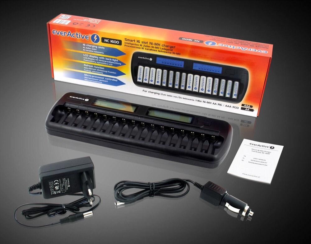 Karikues baterish EverActive NC-1600, 16 slote, AA AAA, me ekran LCD, i zi
