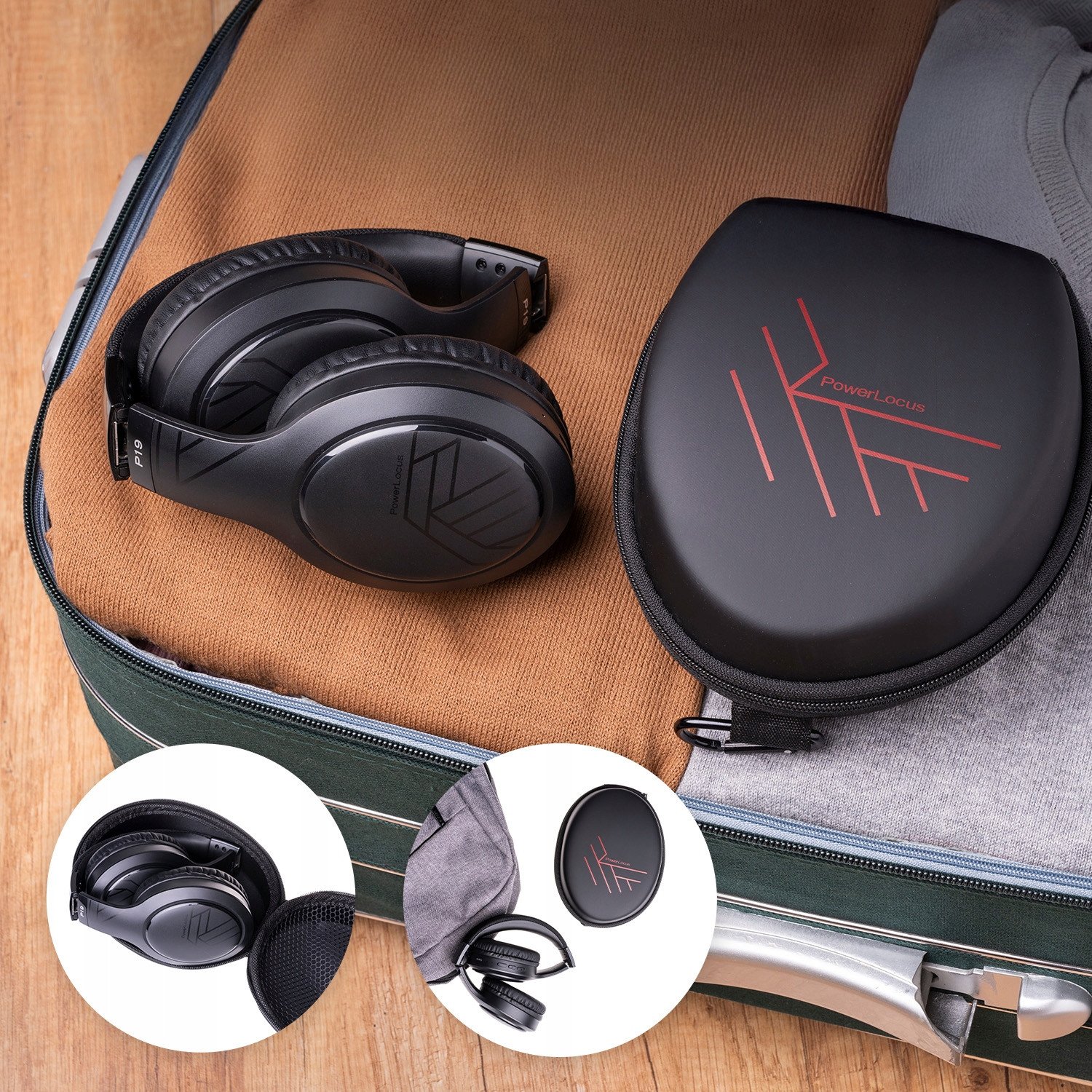 Kufje Bluetooth PowerLocus P19, pa tela, mbi vesh, të zeza