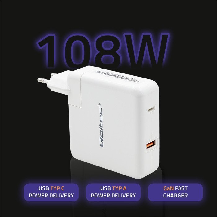 Karikues USB Qoltec GaN FAST 108W, 1x USB C, 1x USB A, i bardhë