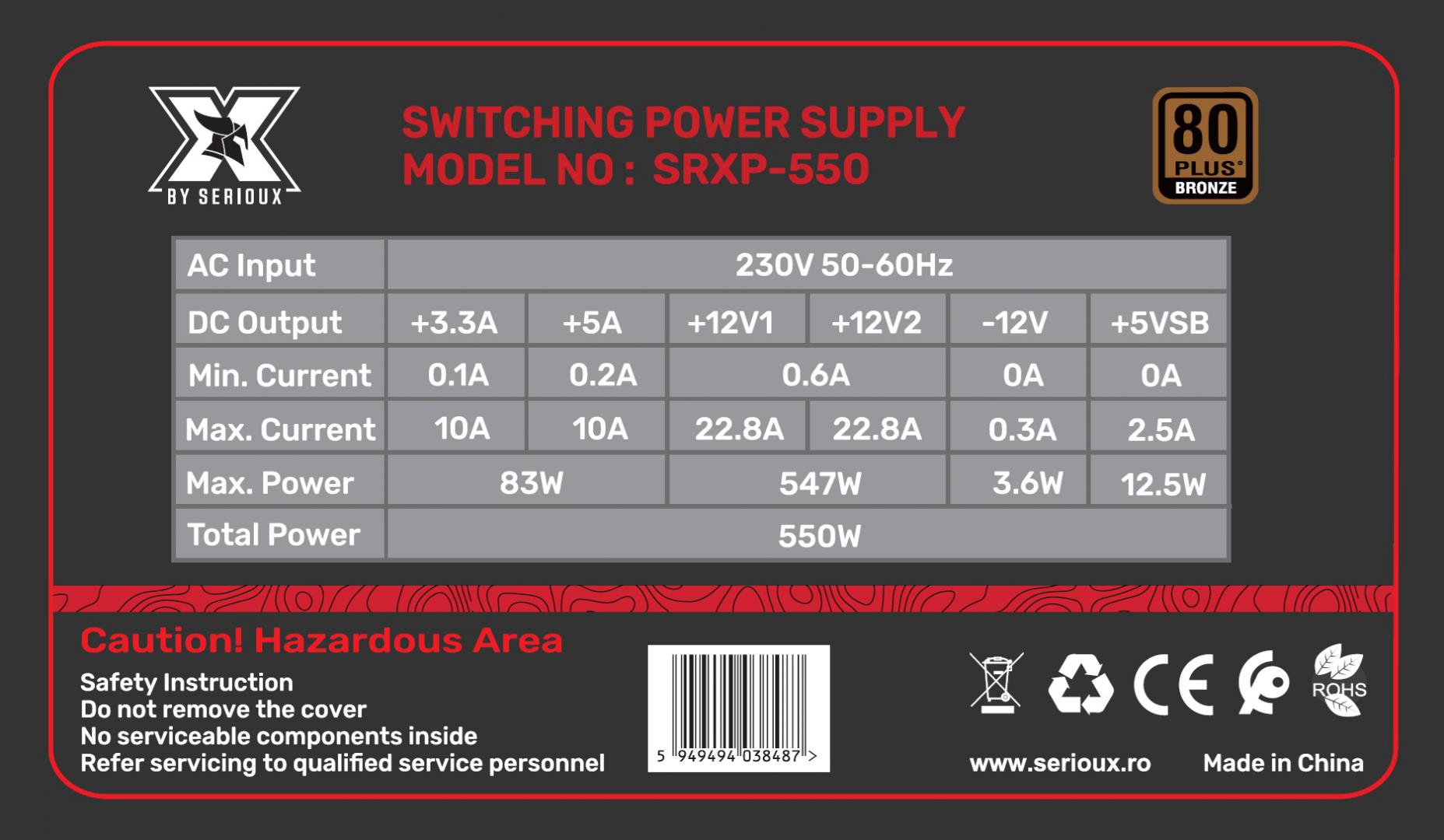 Burim energjie Serioux SRXP-550, 550W, 80+ Bronze, ATX, i zi