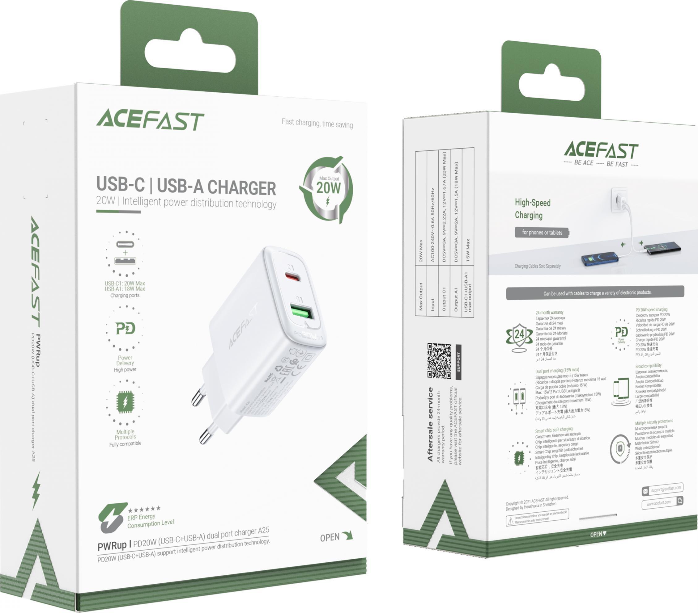 Karikues muri Acefast A25, 20W, 2 porta USB A dhe USB C, i bardhë