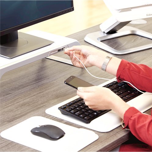 Mbajtëse monitori Fellowes Hana 8064201, me porta USB, e bardhë