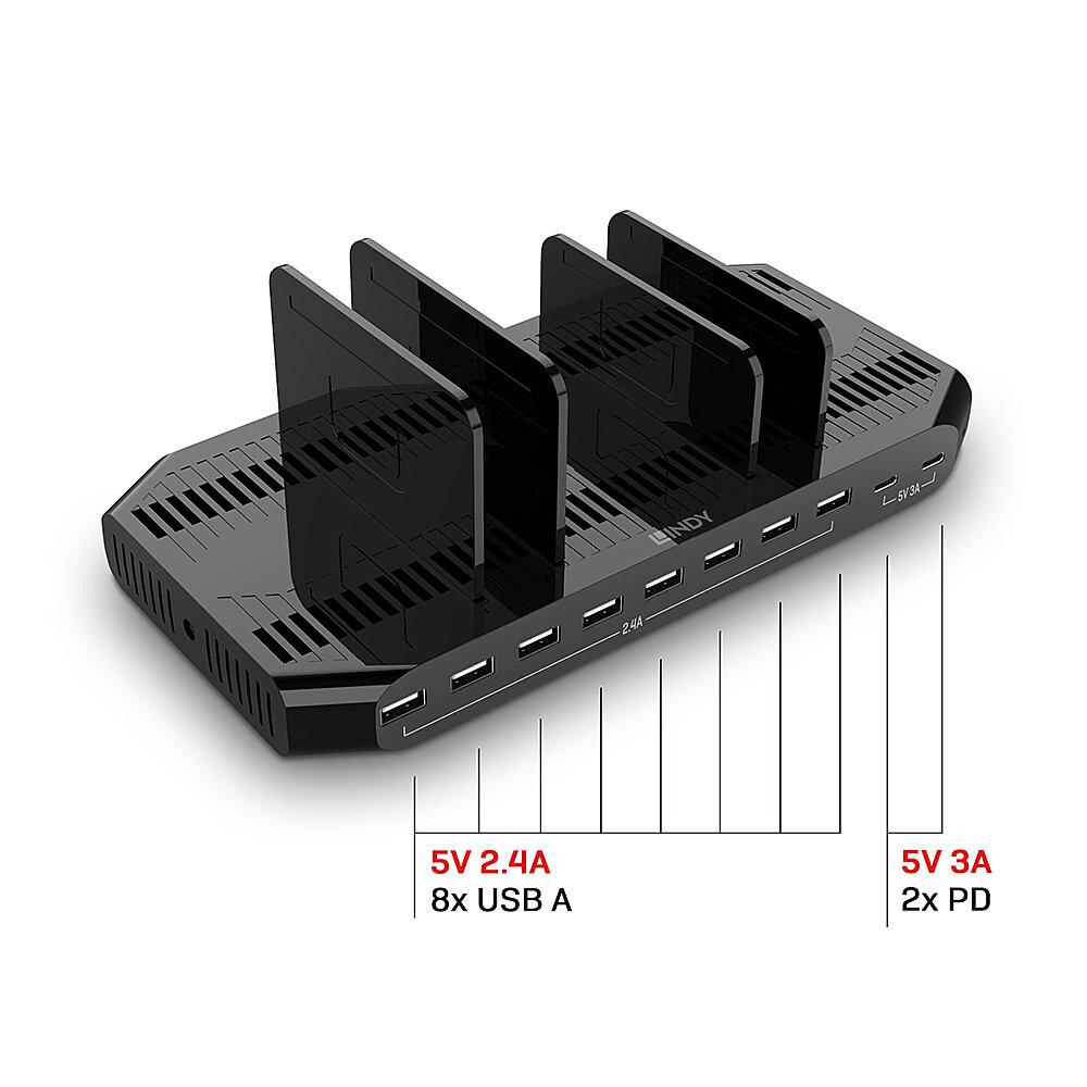 Stacion karikimi Lindy 73435, 120W, 10 porta USB me USB C, i zi