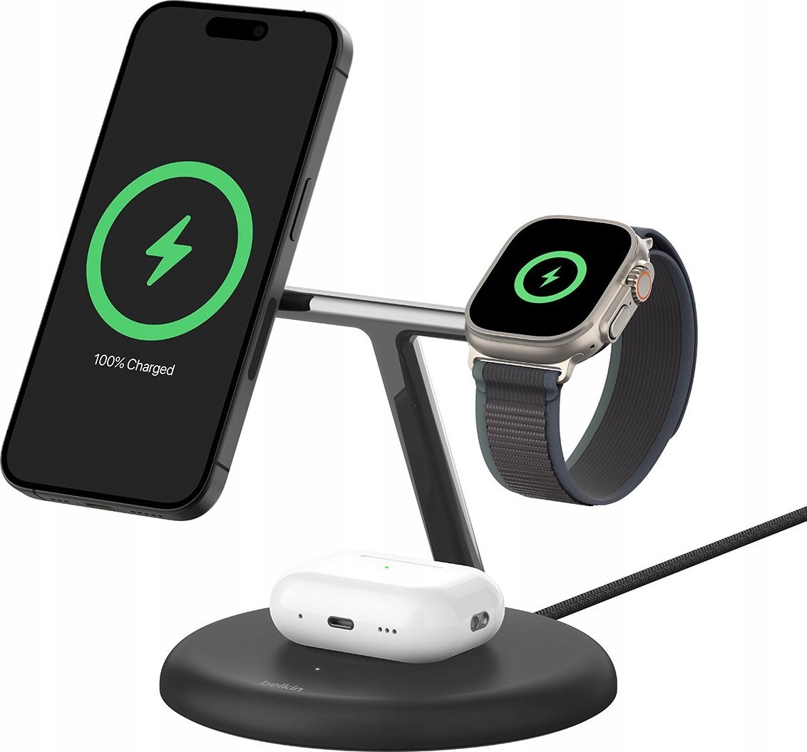 Stacion karikimi Belkin BoostCharge Pro 3 in 1, Qi2 15W, magnetik, i bardhë