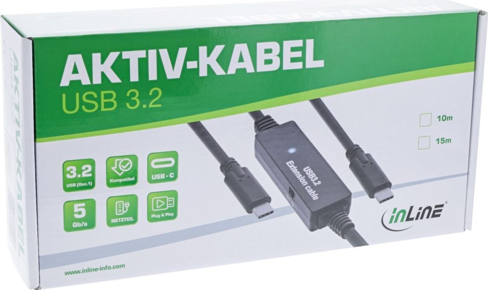 Активен кабел USB InLine USB 3.2 Gen1, USB C во USB C, 15m, црн