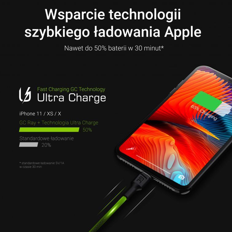Kabllo USB Green Cell GC Ray, USB A në Lightning, 2 m, e zezë