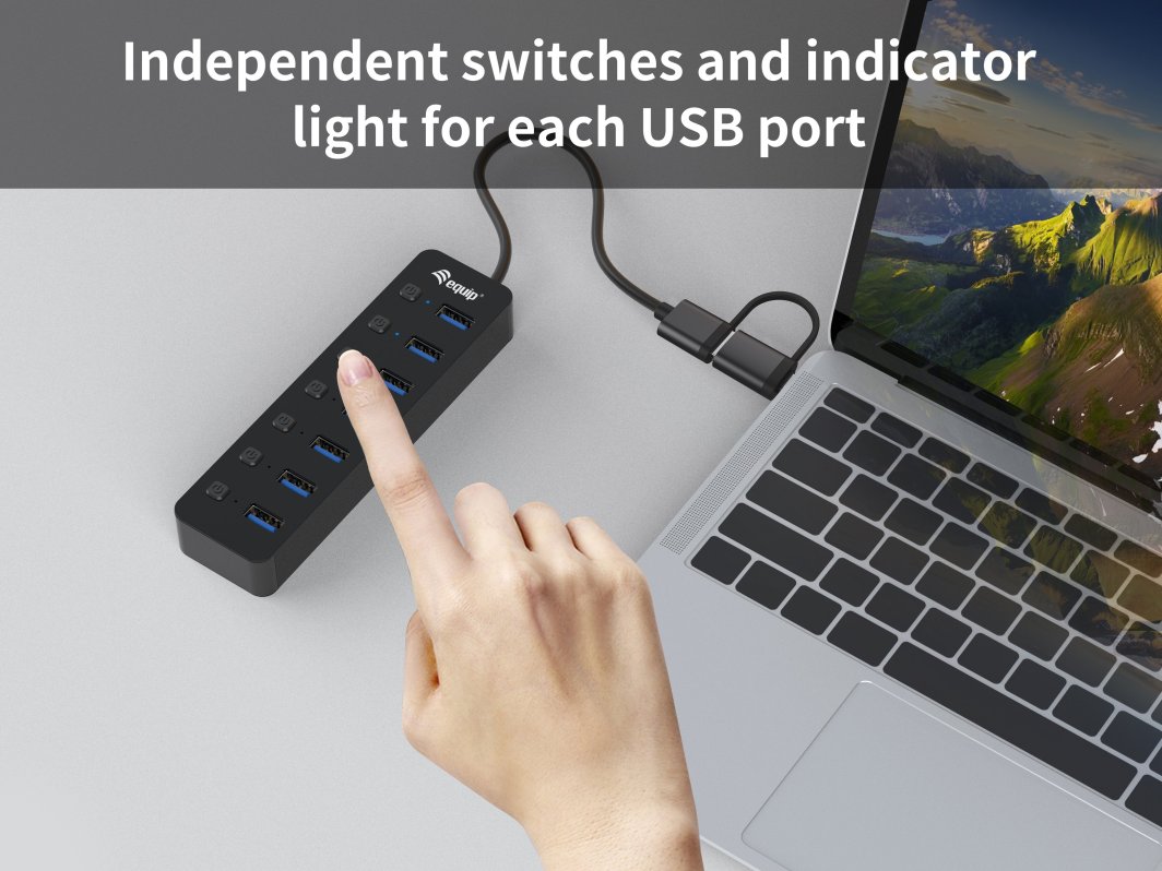 Hub USB LevelOne Equip 128965, 7 porta, USB 3.2 Gen 1, me adapter energjie