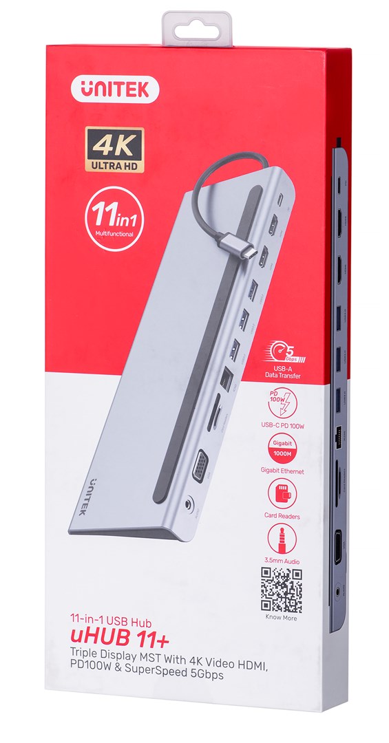 Qendër USB-C UNITEK D1022B, 4K@30Hz, 100W, e hirtë