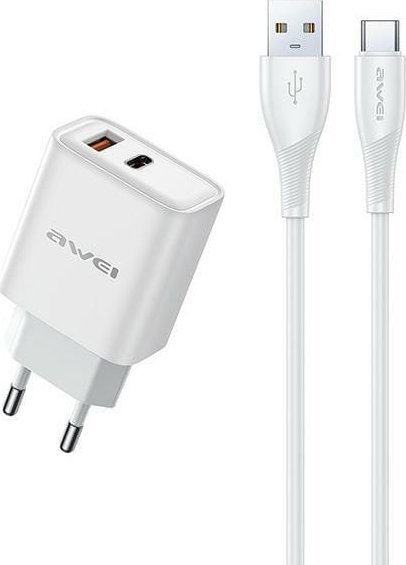 Karikues rrjeti Awei GaN, 22.5W, USB dhe USB C, me kabllo, i bardhë