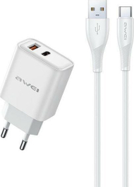 Karikues rrjeti Awei GaN, 22.5W, USB dhe USB C, me kabllo, i bardhë