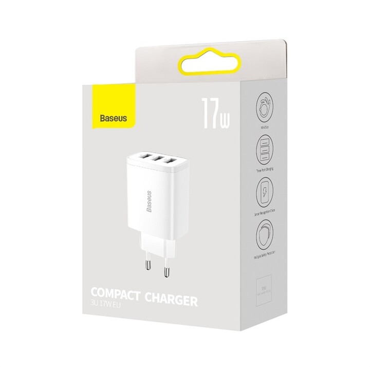 Karikues Baseus, 3xUSB-A, 17W, i bardhë
