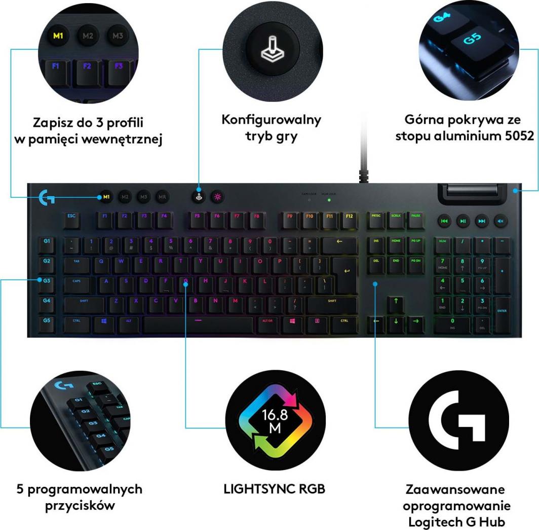 Tastierë gaming Logitech G815 LIGHTSYNC RGB, mekanike, me profil të ulët, e zezë