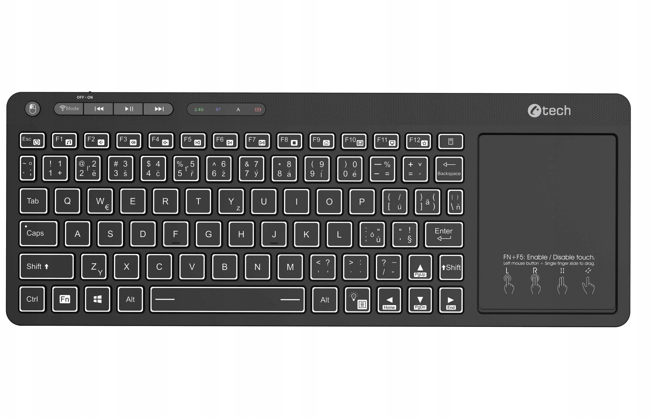 Tastierë wireless C-TECH WLTK-03, touchpad, BT 5.0 dhe 2.4GHz, ndriçim LED, e zezë
