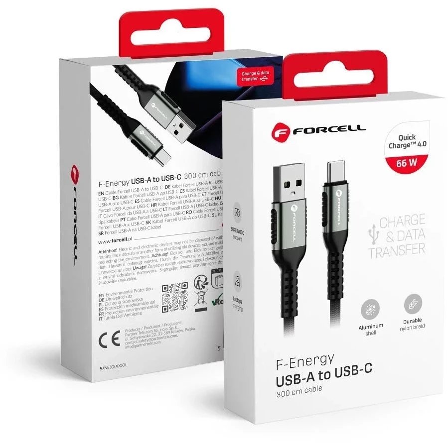 Kabllo karikimi Forcell F-energy C256, USB A në USB C, 3 m, 66W 3A, e zezë