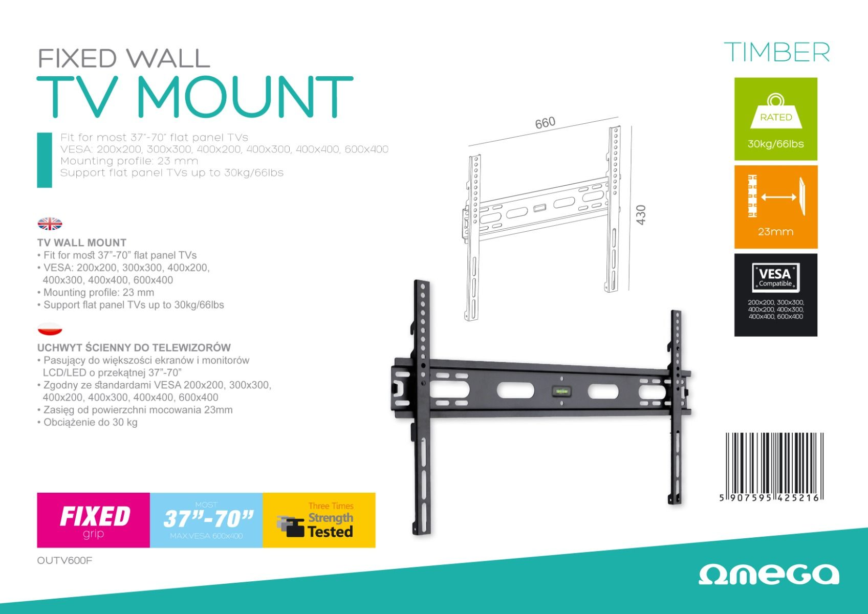 Mbajtëse për TV Omega OUTV600F, statike, 37"-70", 35 kg