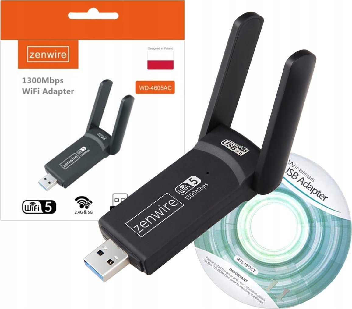 Adapter WiFi Zenwire WD-4605AC, USB 3.0, 1300 Mbps, me antena të jashtme