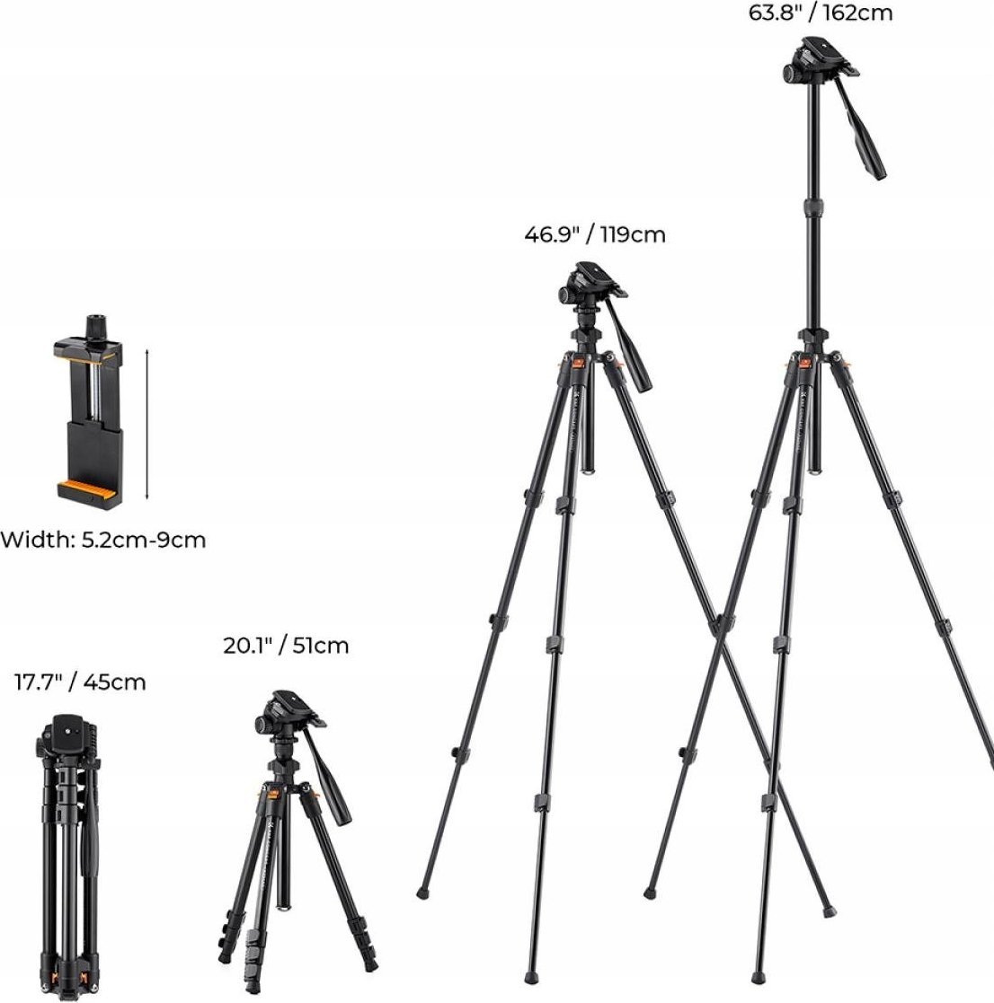 Tripod për aparat fotografik K&amp;F Concept KF09.115 K234A0, 51-162 cm, kokë panoramike 360°, i zi