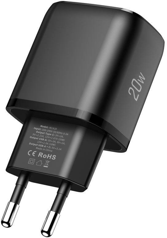 Полнач за ѕид Tech-Protect NCA20, 20W PD QC3.0, 2 USB порти, црн