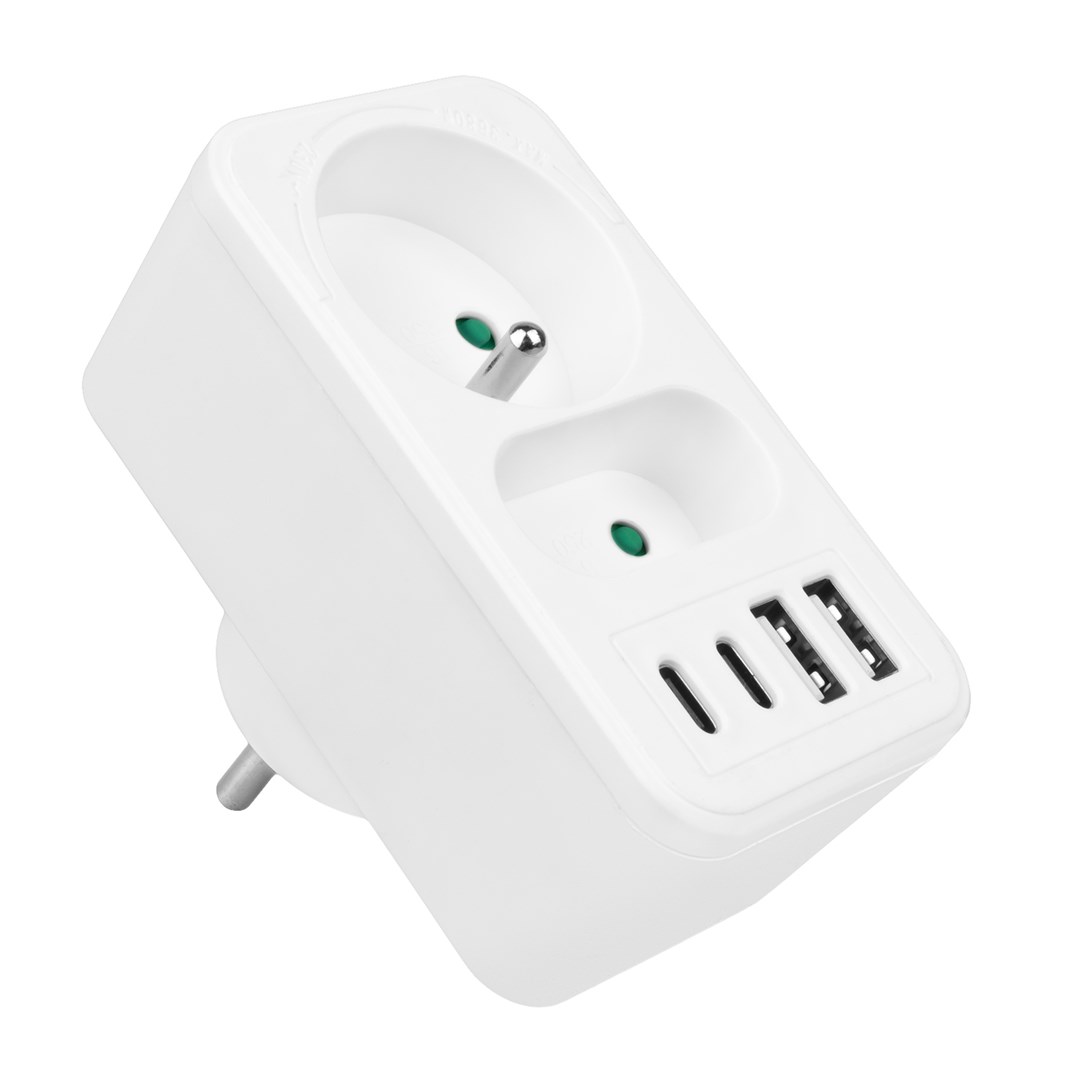 Prizë shumëfishe Maclean MCE249 F/W, 2x220V, 2xUSB A 2xUSB C PD 20W, e bardhë
