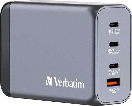 Karikues GaN Verbatim GNC-240, 240W, 3x USB-C 1x USB-A QC 3.0, i bardhë