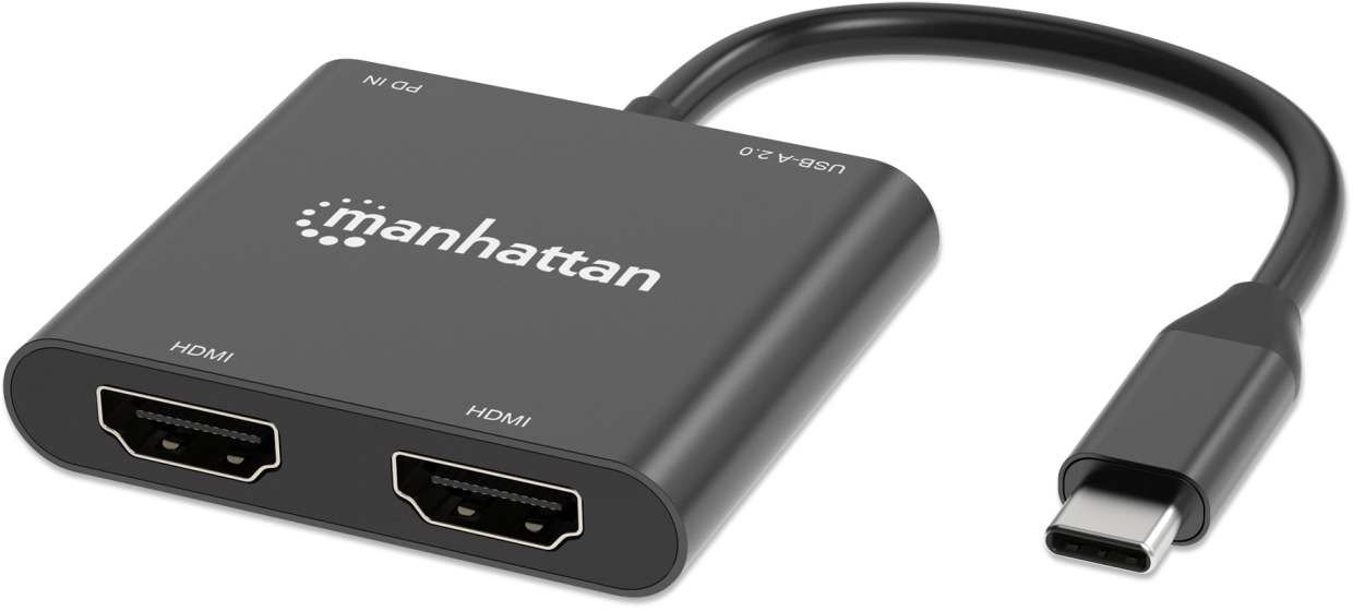 Адаптер Manhattan USB C Dual HDMI и USB A, 4K, Power Delivery 100W, црн