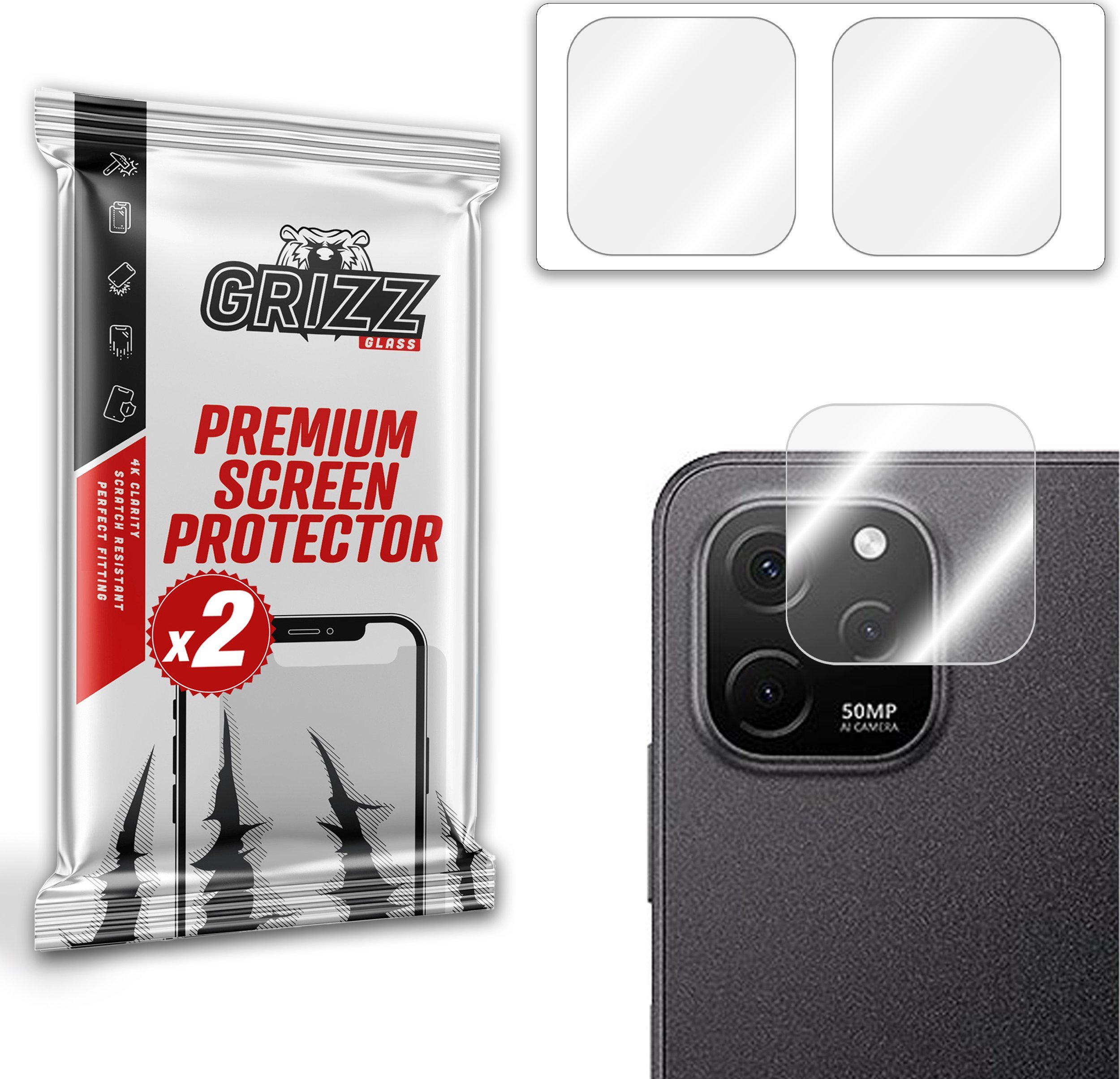 Mbrojtëse kamere GrizzGlass Huawei Enjoy 50z, xham hibrid, set 2 copë, transparente