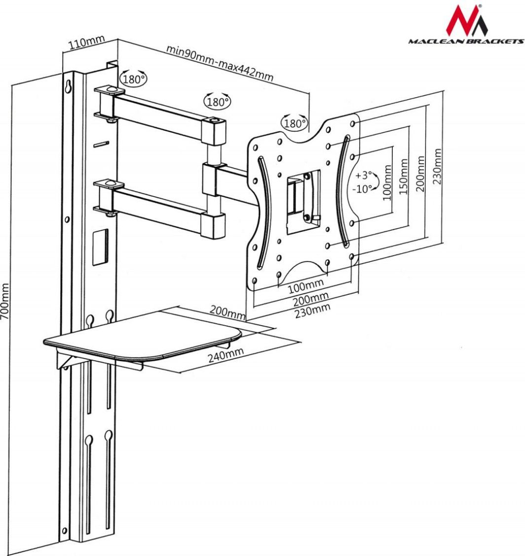 Montuese për televizor Maclean 23" - 42" DVD VESA 200x200 (MC-771), e zezë, 30 kg