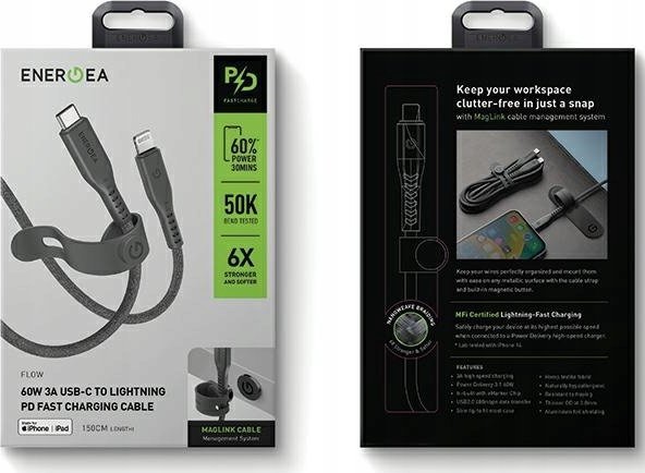 Kabllo karikimi Energea Cable Flow USB C në Lightning, 1.5m, 60W PD, e zezë
