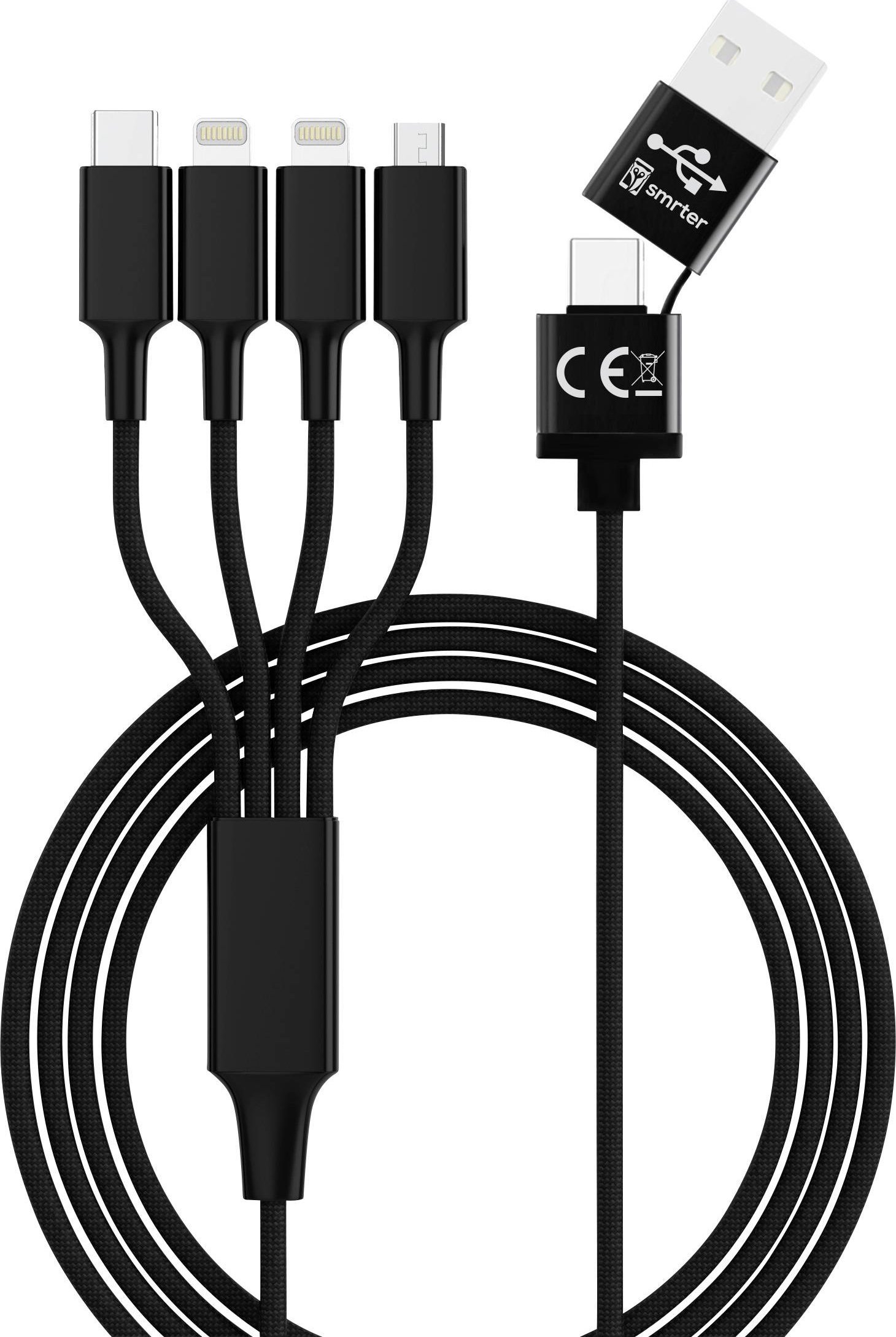 Kabllo USB Smrter Elite, USB A në USB C microUSB 2x Lightning, 1.2 m, e zezë