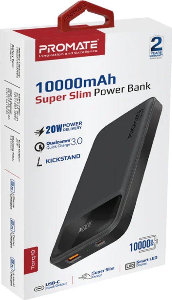 Надворешна батерија Promate Torq 10, 10000mAh, PD 20W, QC 3.0, црна