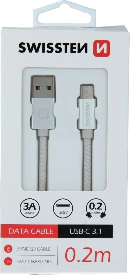 Kabllo USB në USB C Swissten Textile, 0.2m, 3A, e zezë
