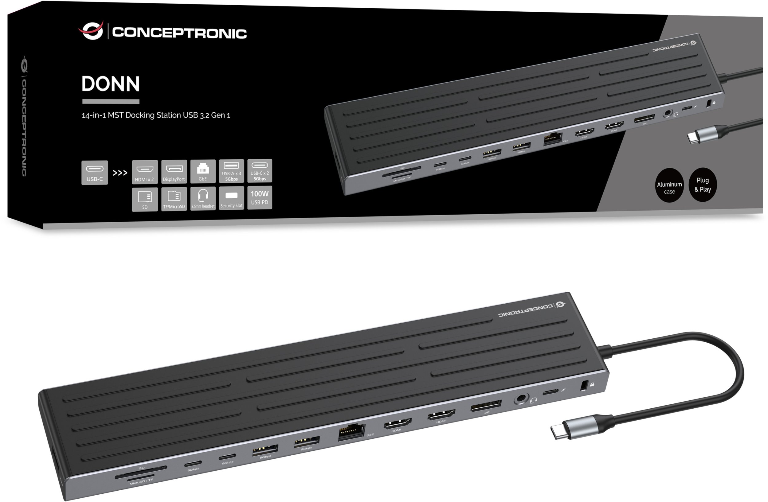 Docking station Conceptronic 14 in 1, USB C, 2x HDMI DP 4K, argjendtë