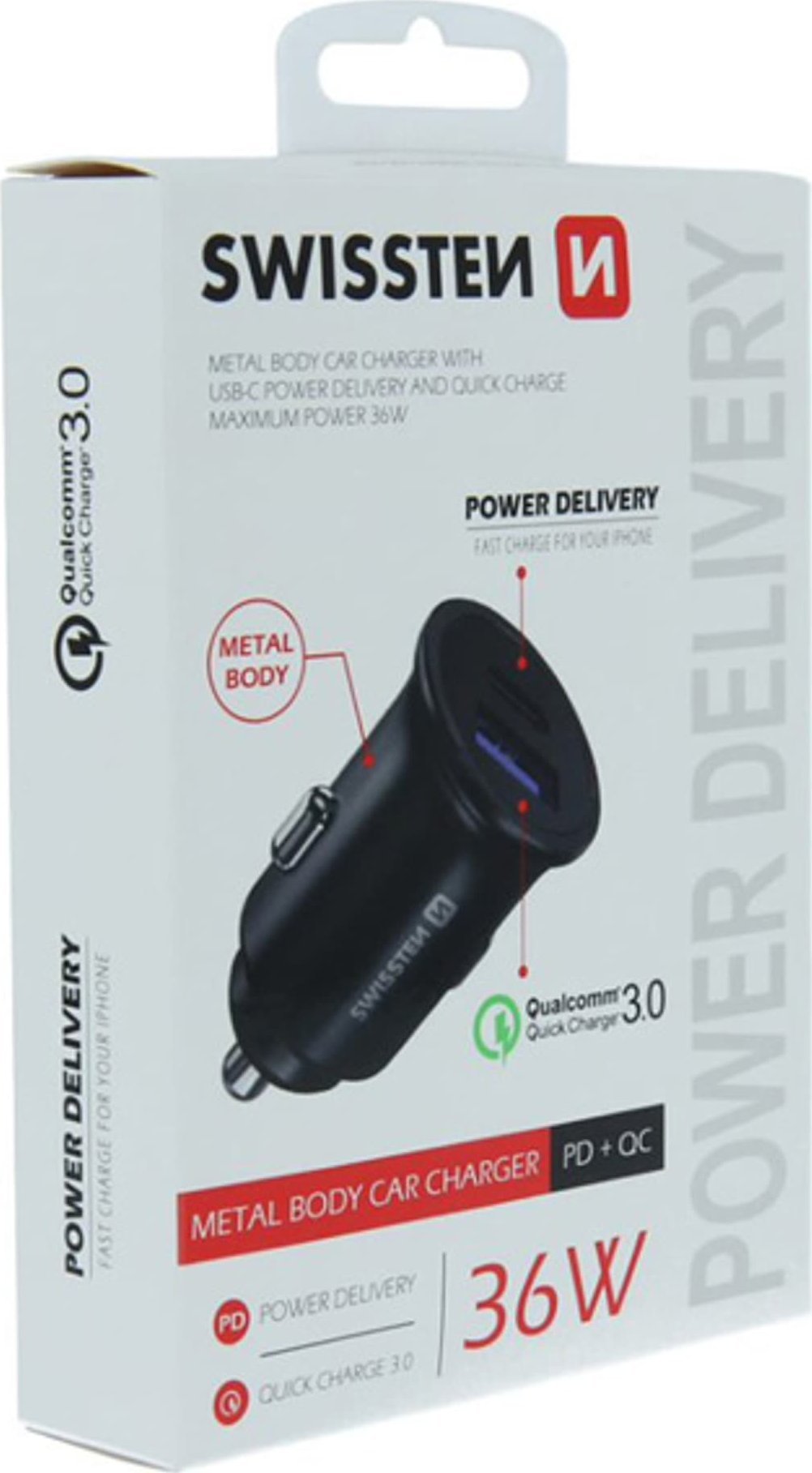 Полнач за автомобил Swissten CL адаптер, USB-C Power Delivery, Quick Charge 3.0 36W, црн металик
