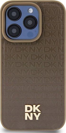 Mbështjellës telefoni DKNY Leather Monogram Metal Logo MagSafe, për iPhone 14 Pro Max 6.7", hardcase lëkurë, kafe
