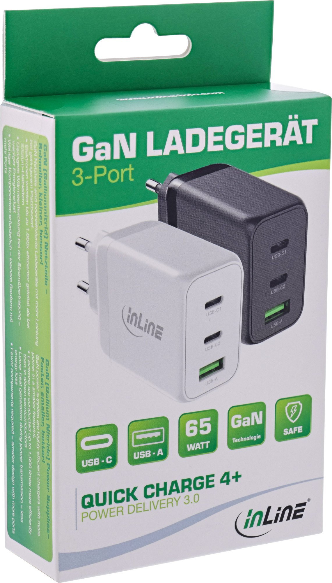Karikues mural InLine GaN, 65W, 3 porta USB C dhe USB A, i bardhë