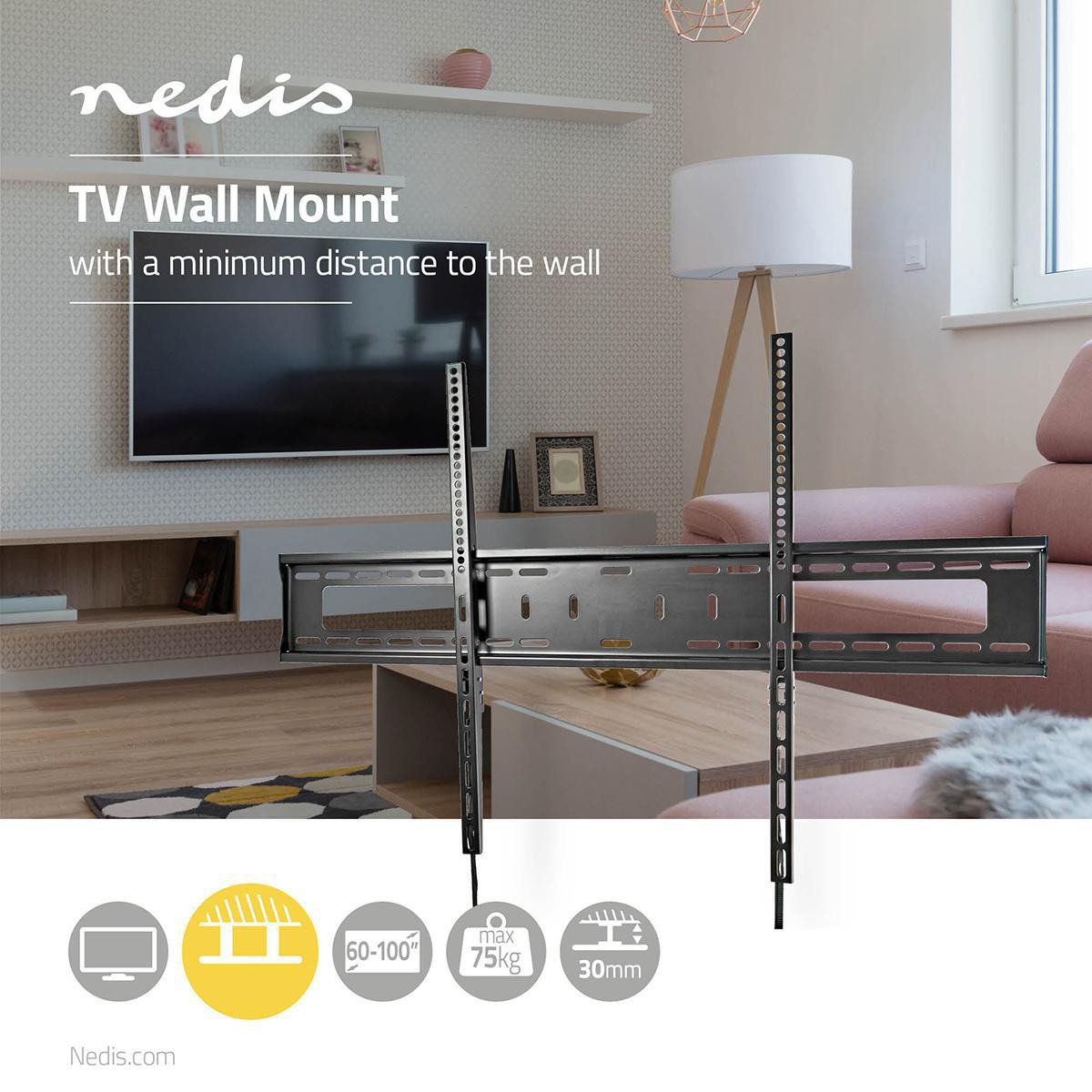 Mbajtës muri për TV Nedis, 60-100", fikst, 75kg, distancë nga muri 3.05cm