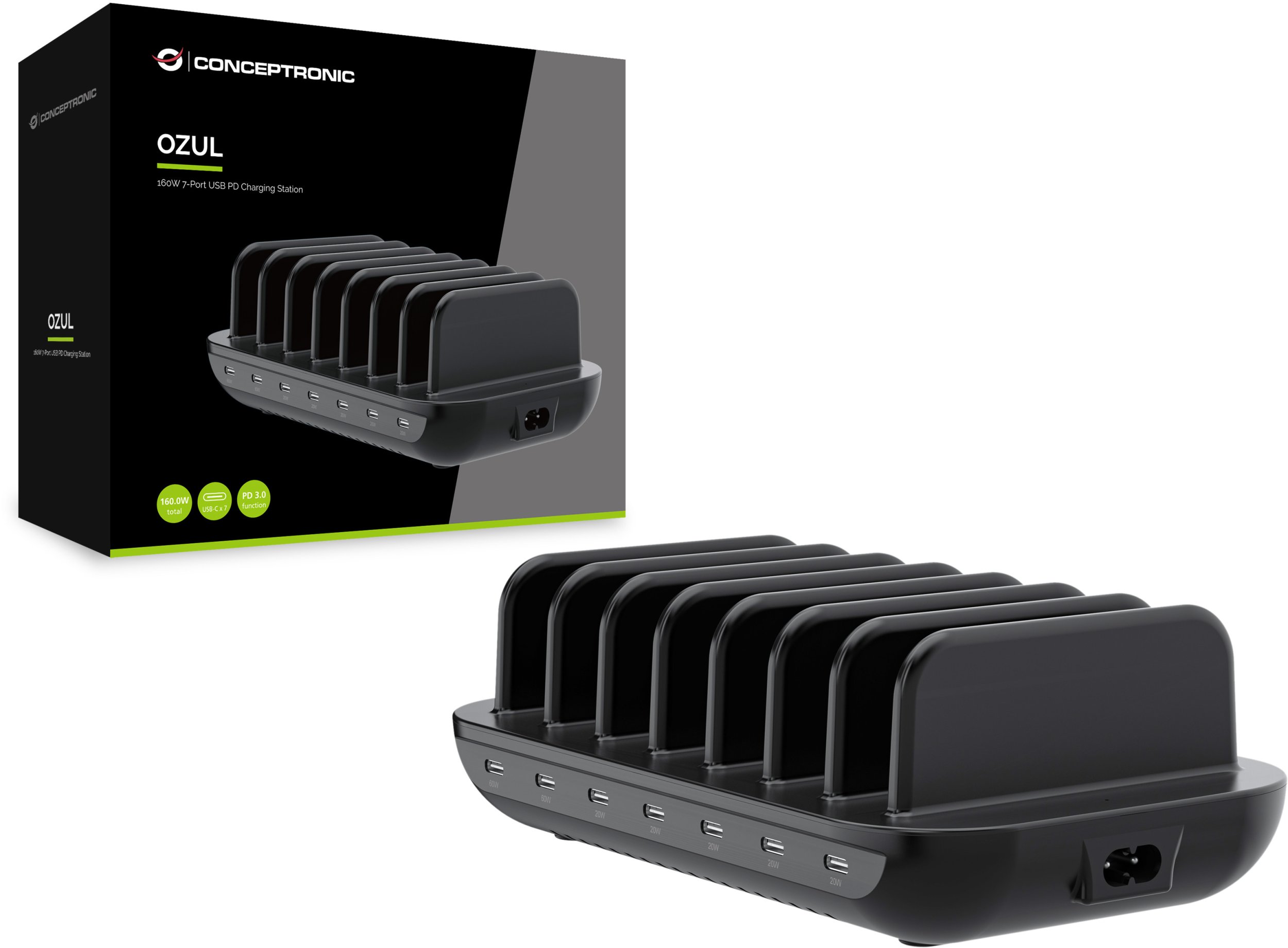 Karikues tavoline Conceptronic OZUL07B, 7x USB C, 160W, i zi