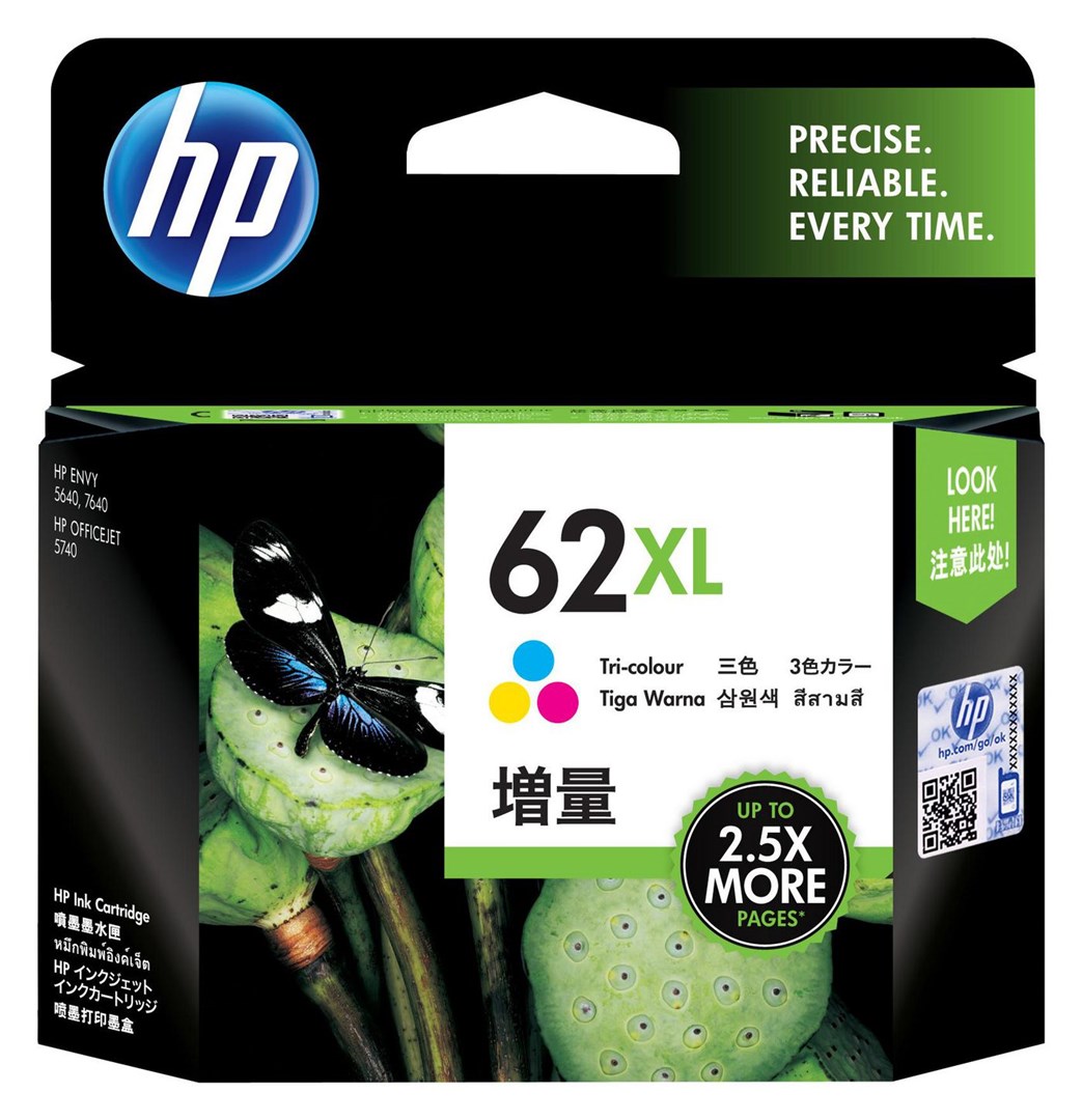 Ngjyrë printeri HP 62 XL, cian/magenta/verdhë, i zi