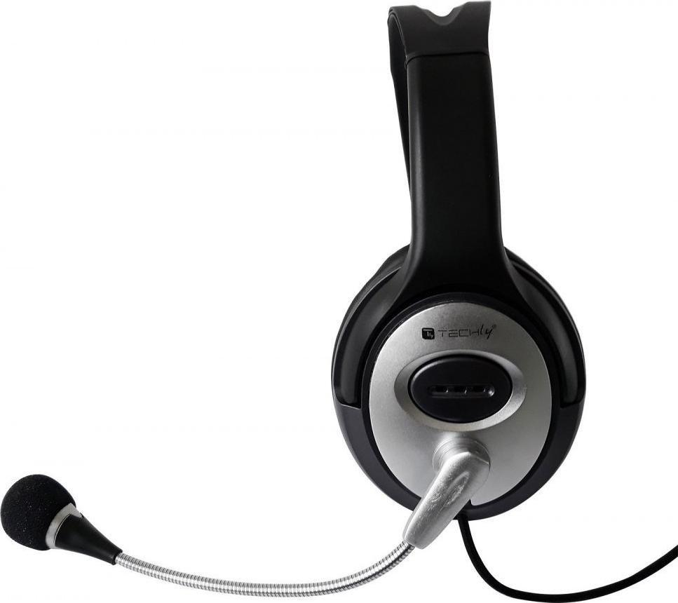 Kufje stereo për kompjuter Techly, me mikrofon, me kabllo, zi argjend