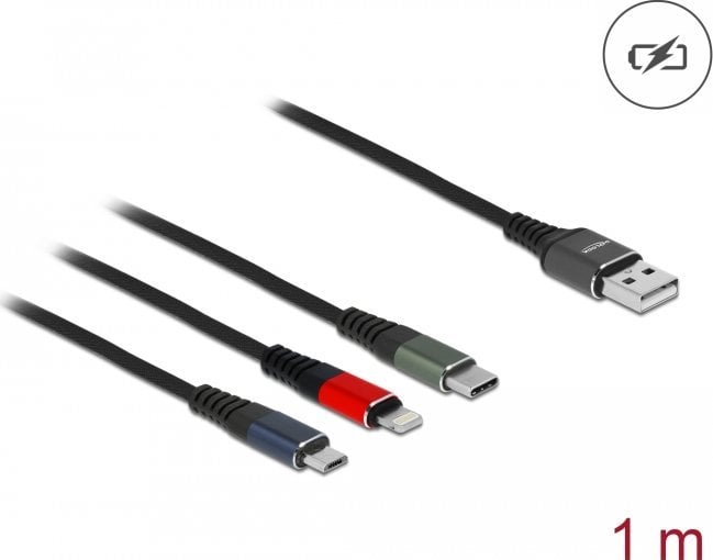 Kabllo USB Delock 87277, USB A në USB C microUSB Lightning, 1 m, e zezë